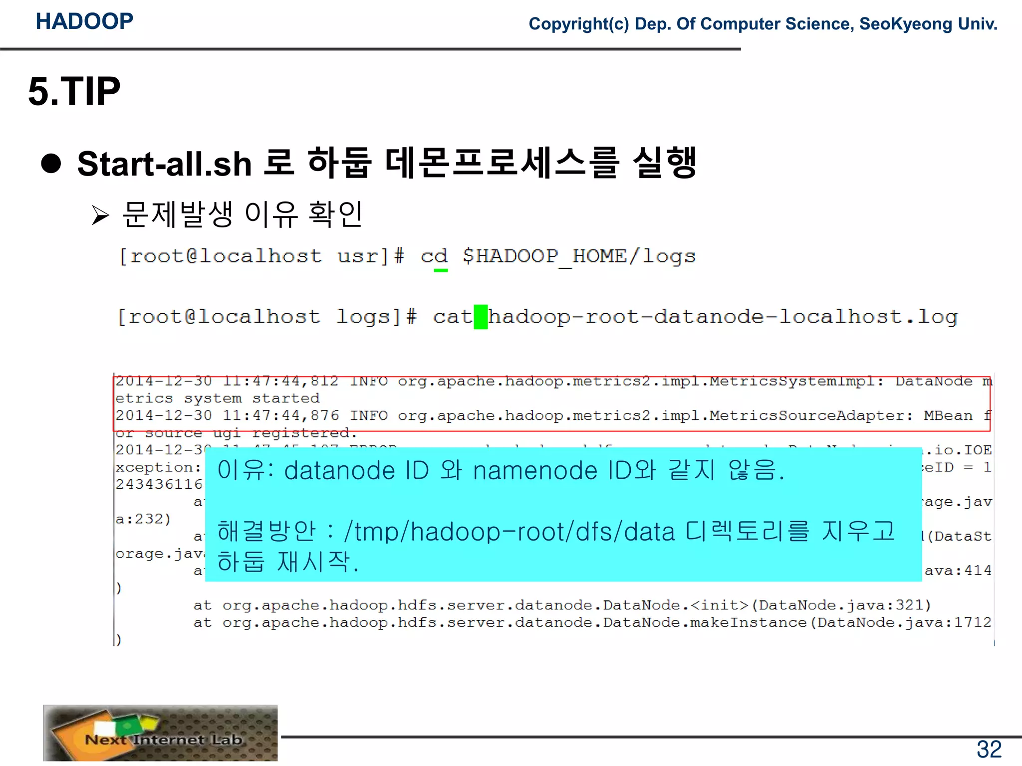 HADOOP Copyright(c) Dep. Of Computer Science, SeoKyeong Univ.
5.TIP
 Start-all.sh 로 하둡 데몬프로세스를 실행
 문제발생 이유 확인
32
이유: datanode ID 와 namenode ID와 같지 않음.
해결방안 : /tmp/hadoop-root/dfs/data 디렉토리를 지우고
하둡 재시작.
 