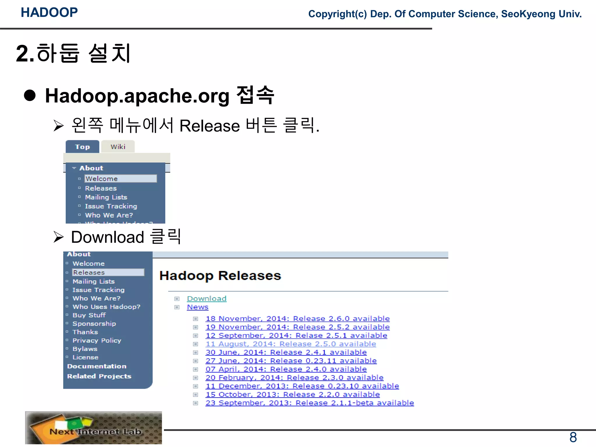 HADOOP Copyright(c) Dep. Of Computer Science, SeoKyeong Univ.
2.하둡 설치
 Hadoop.apache.org 접속
 왼쪽 메뉴에서 Release 버튼 클릭.
 Download 클릭
8
 
