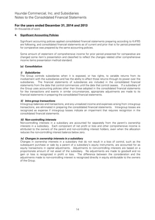 Hyundai Commercial, Inc. and Subsidiaries
Notes to the Consolidated Financial Statements
For the years ended December 31, 2014 and 2013
(In thousands of won)
14
4. Significant Accounting Policies
Significant accounting policies applied consolidated financial statements preparing according to K-IFRS
are following, and consolidated financial statements as of current and prior that is for period presented
for comparative was prepared by the same accounting policies.
Some amount of statement of comprehensive income for prior period presented for comparative are
changed some item’s presentation and classified to reflect the changes related other comprehensive
income items presentation method standard.
(a) Consolidation
i) Subsidiaries
The Group controls subsidiaries when it is exposed, or has rights, to variable returns from its
involvement with the subsidiaries and has the ability to affect those returns through its power over the
subsidiaries. The financial statements of subsidiaries are included in the consolidated financial
statements from the date that control commences until the date that control ceases. If a subsidiary of
the Group uses accounting policies other than those adopted in the consolidated financial statements
for like transactions and events in similar circumstances, appropriate adjustments are made to its
financial statements in preparing the consolidated financial statements.
ii) Intra-group transactions
Intra-group balances and transactions, and any unrealized income and expenses arising from intra-group
transactions, are eliminated in preparing the consolidated financial statements. Intra-group losses are
recognized as expense if intra-group losses indicate an impairment that requires recognition in the
consolidated financial statements.
iii) Non-controlling interests
Non-controlling interests in a subsidiary are accounted for separately from the parent’s ownership
interests in a subsidiary. Each component of net profit or loss and other comprehensive income is
attributed to the owners of the parent and non-controlling interest holders, even when the allocation
reduces the non-controlling interest balance below zero.
iv) Changes in ownership interests in a subsidiary
Changes in ownership interests in a subsidiary that do not result in a loss of control, such as the
subsequent purchase or sale by a parent of a subsidiary’s equity instruments, are accounted for as
equity transactions in capital adjustments. Adjustments to non-controlling interests are based on a
proportionate amount of net asset of the subsidiary. No adjustments are made to goodwill and no
gain or loss is recognized in profit or loss. The difference between the consideration and the
adjustments made to non-controlling interest is recognized directly in equity attributable to the owners
of the Group.
 