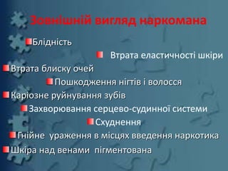Зовнішній вигляд наркомана
Блідність
Втрата еластичності шкіри
Втрата блиску очей
Пошкодження нігтів і волосся
Каріозне руйнування зубів
Захворювання серцево-судинної системи
Схуднення
Гнійне ураження в місцях введення наркотика
Шкіра над венами пігментована
 