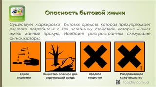 Существует маркировка бытовых средств, которая предупреждает
рядового потребителя о тех негативных свойствах, которые может
иметь данный продукт. Наиболее распространены следующие
сигнализаторы:
Опасность бытовой химииОпасность бытовой химии
 Раздражающее
кожу вещество
 Едкое
вещество 
 Вредное
вещество 
Вещество, опасное для
окружающей среды
i
 