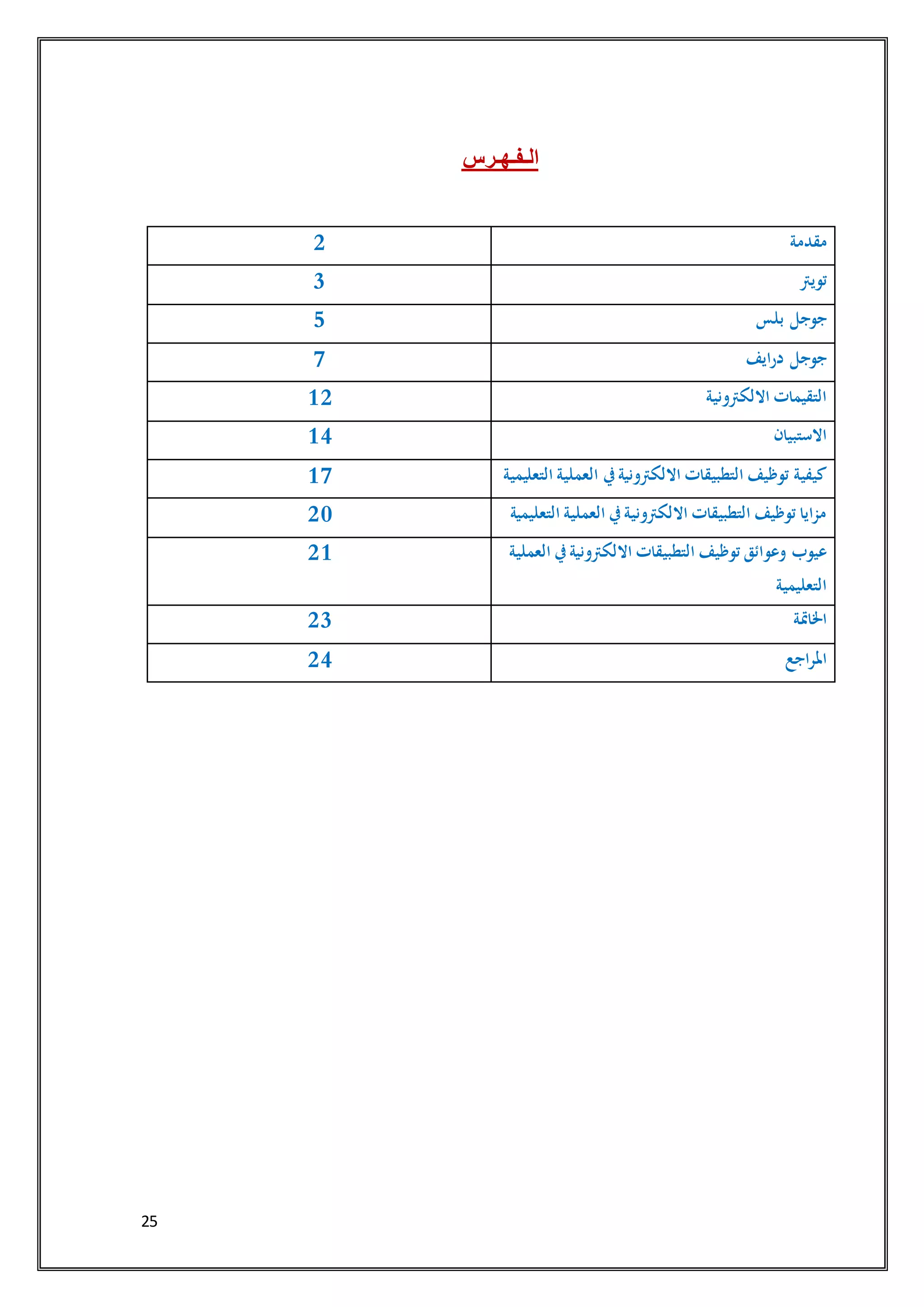 25
‫الـفـهـرس‬
‫مقدمة‬2
‫تويرت‬3
‫بلس‬ ‫جوجل‬5
‫درايف‬ ‫جوجل‬7
‫االلكرتونية‬ ‫التقيمات‬12
‫االستبيان‬14
‫التعليمية‬ ‫العملية‬ ‫يف‬‫االلكرتونية‬ ‫التطبيقات‬ ‫توظيف‬ ‫كيفية‬17
‫التعليمية‬ ‫العملية‬ ‫يف‬‫االلكرتونية‬ ‫التطبيقات‬ ‫توظيف‬ ‫مزايا‬20
‫العملية‬ ‫يف‬‫االلكرتونية‬ ‫التطبيقات‬ ‫توظيف‬ ‫وعوائق‬ ‫عيوب‬
‫التعليمية‬
21
‫اخلامتة‬23
‫املراجع‬24
 