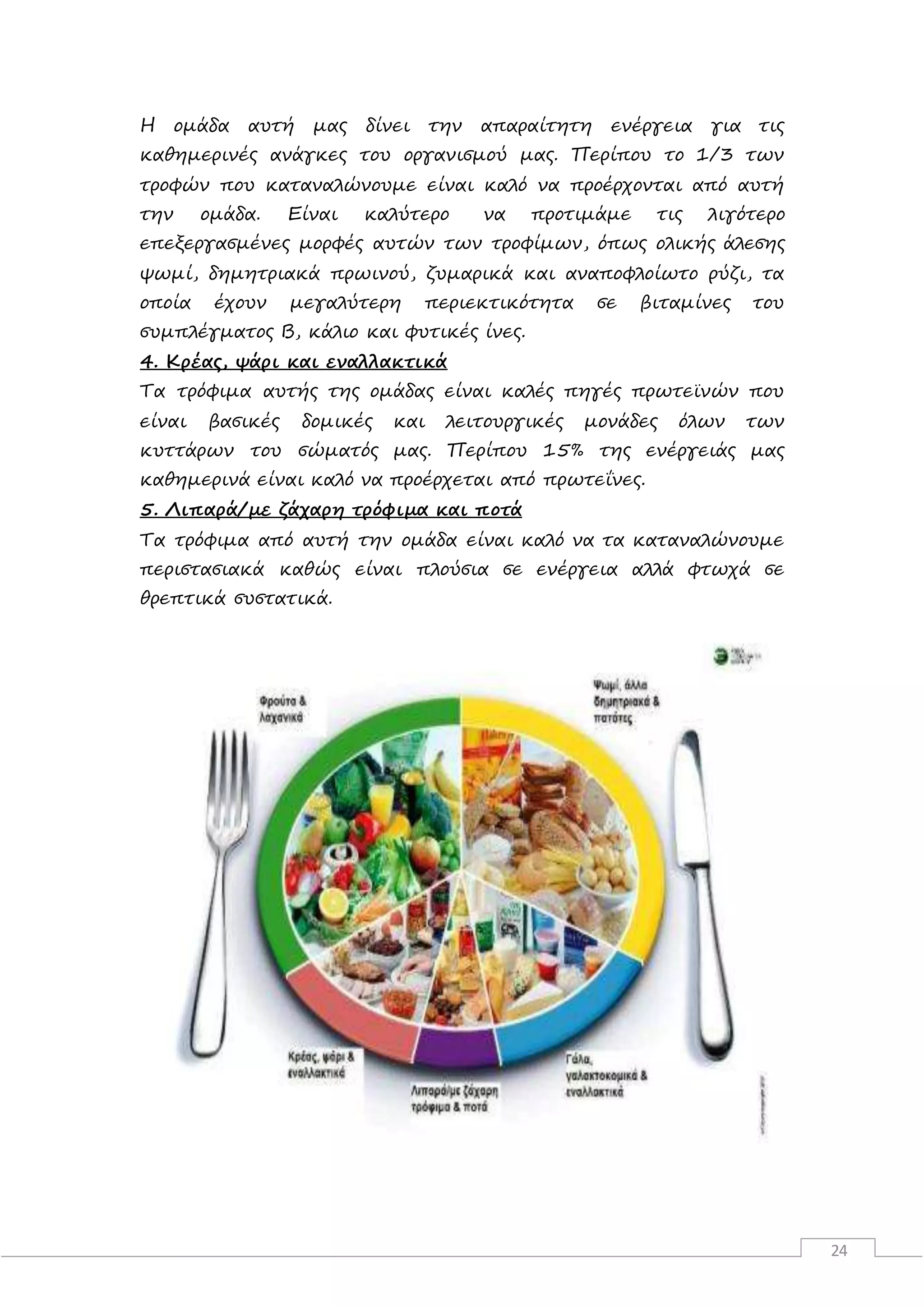 24
Η ομάδα αυτή μας δίνει την απαραίτητη ενέργεια για τις
καθημερινές ανάγκες του οργανισμού μας. Περίπου το 1/3 των
τροφών που καταναλώνουμε είναι καλό να προέρχονται από αυτή
την ομάδα. Είναι καλύτερο να προτιμάμε τις λιγότερο
επεξεργασμένες μορφές αυτών των τροφίμων, όπως ολικής άλεσης
ψωμί, δημητριακά πρωινού, ζυμαρικά και αναποφλοίωτο ρύζι, τα
οποία έχουν μεγαλύτερη περιεκτικότητα σε βιταμίνες του
συμπλέγματος Β, κάλιο και φυτικές ίνες.
4. Κρέας, ψάρι και εναλλακτικά
Τα τρόφιμα αυτής της ομάδας είναι καλές πηγές πρωτεϊνών που
είναι βασικές δομικές και λειτουργικές μονάδες όλων των
κυττάρων του σώματός μας. Περίπου 15% της ενέργειάς μας
καθημερινά είναι καλό να προέρχεται από πρωτεΐνες.
5. Λιπαρά/με ζάχαρη τρόφιμα και ποτά
Τα τρόφιμα από αυτή την ομάδα είναι καλό να τα καταναλώνουμε
περιστασιακά καθώς είναι πλούσια σε ενέργεια αλλά φτωχά σε
θρεπτικά συστατικά.
 