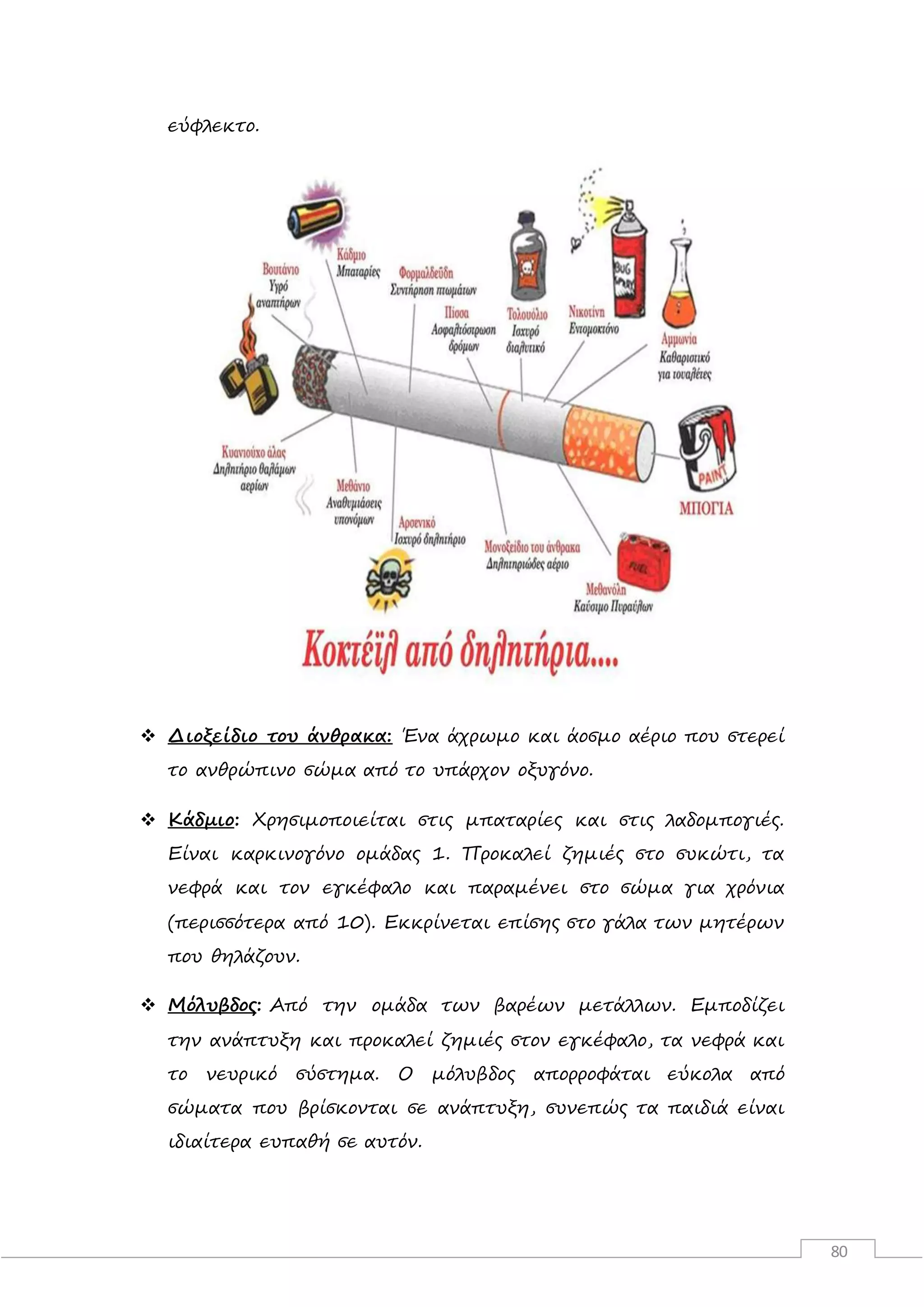 80
εύφλεκτο.
 Διοξείδιο του άνθρακα: Ένα άχρωμο και άοσμο αέριο που στερεί
το ανθρώπινο σώμα από το υπάρχον οξυγόνο.
 Κάδμιο: Χρησιμοποιείται στις μπαταρίες και στις λαδομπογιές.
Είναι καρκινογόνο ομάδας 1. Προκαλεί ζημιές στο συκώτι, τα
νεφρά και τον εγκέφαλο και παραμένει στο σώμα για χρόνια
(περισσότερα από 10). Εκκρίνεται επίσης στο γάλα των μητέρων
που θηλάζουν.
 Μόλυβδος: Από την ομάδα των βαρέων μετάλλων. Εμποδίζει
την ανάπτυξη και προκαλεί ζημιές στον εγκέφαλο, τα νεφρά και
το νευρικό σύστημα. Ο μόλυβδος απορροφάται εύκολα από
σώματα που βρίσκονται σε ανάπτυξη, συνεπώς τα παιδιά είναι
ιδιαίτερα ευπαθή σε αυτόν.
 