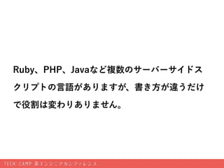 Ruby、PHP、Javaなど複数のサーバーサイドス
クリプトの言語がありますが、書き方が違うだけ
で役割は変わりありません。
 