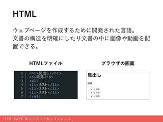HTML
ウェブページを作成するために開発された言語。 
文書の構造を明確にしたり文書の中に画像や動画を配
置できる。
HTMLファイル ブラウザの画面
 