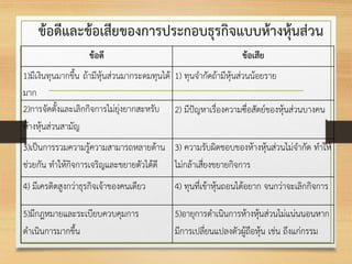 ข้อดีและข้อเสียของการประกอบธุรกิจแบบห้างหุ้นส่วน
ข้อดี ข้อเสีย
1)มีเงินทุนมากขึ้น ถ้ามีหุ้นส่วนมากระดมทุนได้
มาก
1) ทุนจากัดถ้ามีหุ้นส่วนน้อยราย
2)การจัดตั้งและเลิกกิจการไม่ยุ่งยากสะหรับ
ห้างหุ้นส่วนสามัญ
2) มีปัญหาเรื่องความซื่อสัตย์ของหุ้นส่วนบางคน
3)เป็นการรวมความรู้ความสามารถหลายด้าน
ช่วยกัน ทาให้กิจการเจริญและขยายตัวได้ดี
3) ความรับผิดชอบของห้างหุ้นส่วนไม่จากัด ทาให้
ไม่กล้าเสี่ยงขยายกิจการ
4) มีเครดิตสูงกว่าธุรกิจเจ้าของคนเดียว 4) ทุนที่เข้าหุ้นถอนได้อยาก จนกว่าจะเลิกกิจการ
5)มีกฎหมายและระเบียบควบคุมการ
ดาเนินการมากขึ้น
5)อายุการดาเนินการห้างหุ้นส่วนไม่แน่นนอนหาก
มีการเปลี่ยนแปลงตัวผู้ถือหุ้น เช่น ถึงแก่กรรม
 