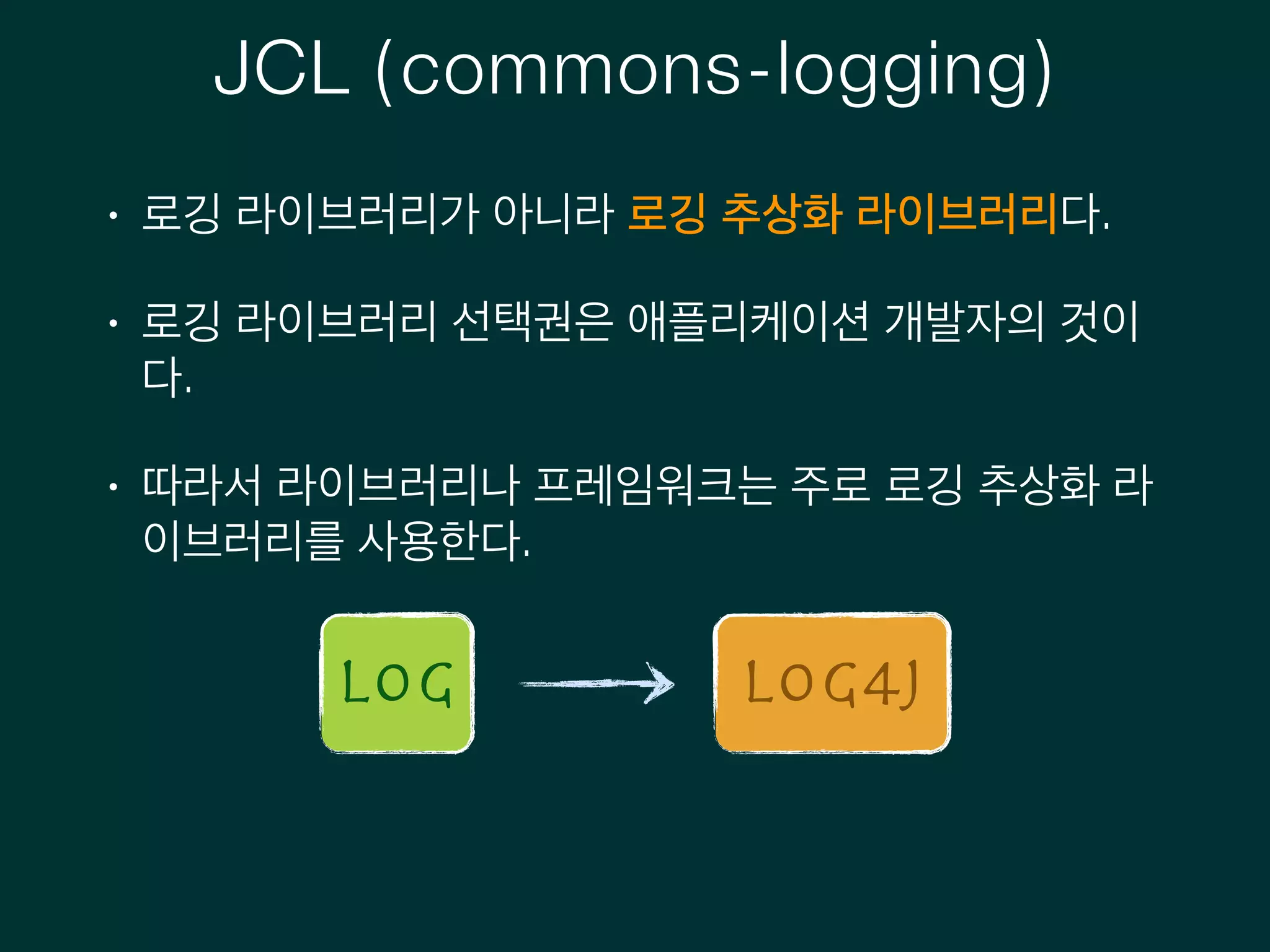 JCL (commons-logging)
• 로깅 라이브러리가 아니라 로깅 추상화 라이브러리다.
• 로깅 라이브러리 선택권은 애플리케이션 개발자의 것이
다.
• 따라서 라이브러리나 프레임워크는 주로 로깅 추상화 라
이브러리를 사용한다.
Log Log4J
 