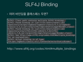 SLF4J Binding
• 여러 바인딩을 클래스패스 두면?
SLF4J: Class path contains multiple SLF4J bindings.
SLF4J: Found binding in [jar:file:/U...