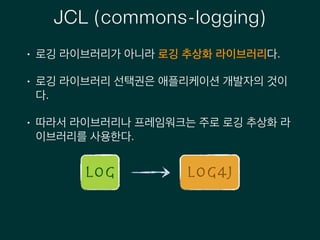 JCL (commons-logging)
• 로깅 라이브러리가 아니라 로깅 추상화 라이브러리다.
• 로깅 라이브러리 선택권은 애플리케이션 개발자의 것이
다.
• 따라서 라이브러리나 프레임워크는 주로 로깅 추상화 라
이브러리를 사용한다.
Log Log4J
 
