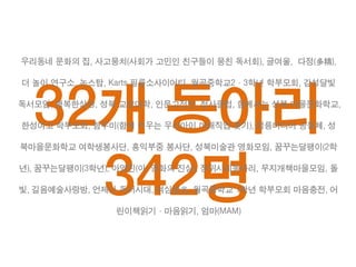 32개 동아리
342명
우리동네 문화의 집, 사고뭉치(사회가 고민인 친구들이 뭉친 독서회), 글여울, 다정(多精),
더 놀이 연구소, 논스탑, Karts 필름소사이어티, 월곡중학교2·3학년 학부모회, 감성달빛
독서모임, 행복한상상, 성북 교양대학, 인문고전반, 청사클럽, 함께사는 성북 마을문화학교,
한성여고 학부모회, 함우미(함께 키우는 우리아이 미래직업 찾기), 정릉미디어 공동체, 성
북마을문화학교 여학생봉사단, 홍익부중 봉사단, 성북미술관 영화모임, 꿈꾸는달팽이(2학
년), 꿈꾸는달팽이(3학년), 아영진(아, 영화의 진실), 장위시네동아리, 무지개책마을모임, 돌
빛, 길음예술사랑방, 언제나 독서시대, 여심발光, 월곡중학교 1학년 학부모회 마음충전, 어
린이책읽기·마음읽기, 엄마(MAM)
 