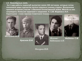 2.4 Легендарные люди.
За 4 года работы аэроклуб выпустил около 200 летчиков, которые потом
пополнили ряды курсантов летных военных училищ страны. Выпускники
приняли активное участие в Великой Отечественной войне. Многие из них
награждены боевыми орденами и медалями. А С.М. Федяков и А.Н.
Харитошкин стали героями Советского Союза.
Малышев М.И
Краснов В.И.
Жукова –
Бабонина А.Н.
Федяков С.М.
Пачурин Ф.И.
 