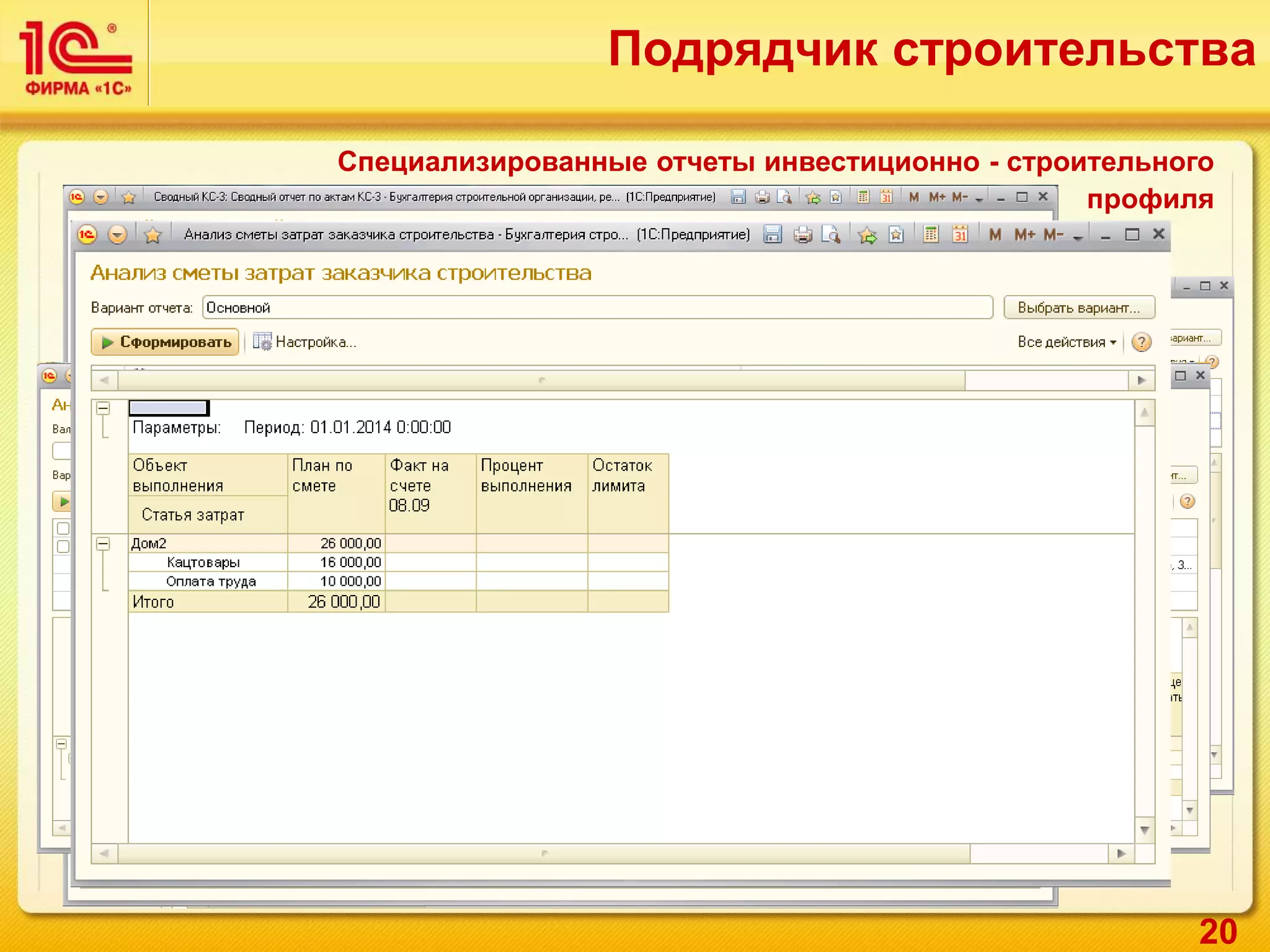 20
Специализированные отчеты инвестиционно - строительного
профиля
Подрядчик строительства
 