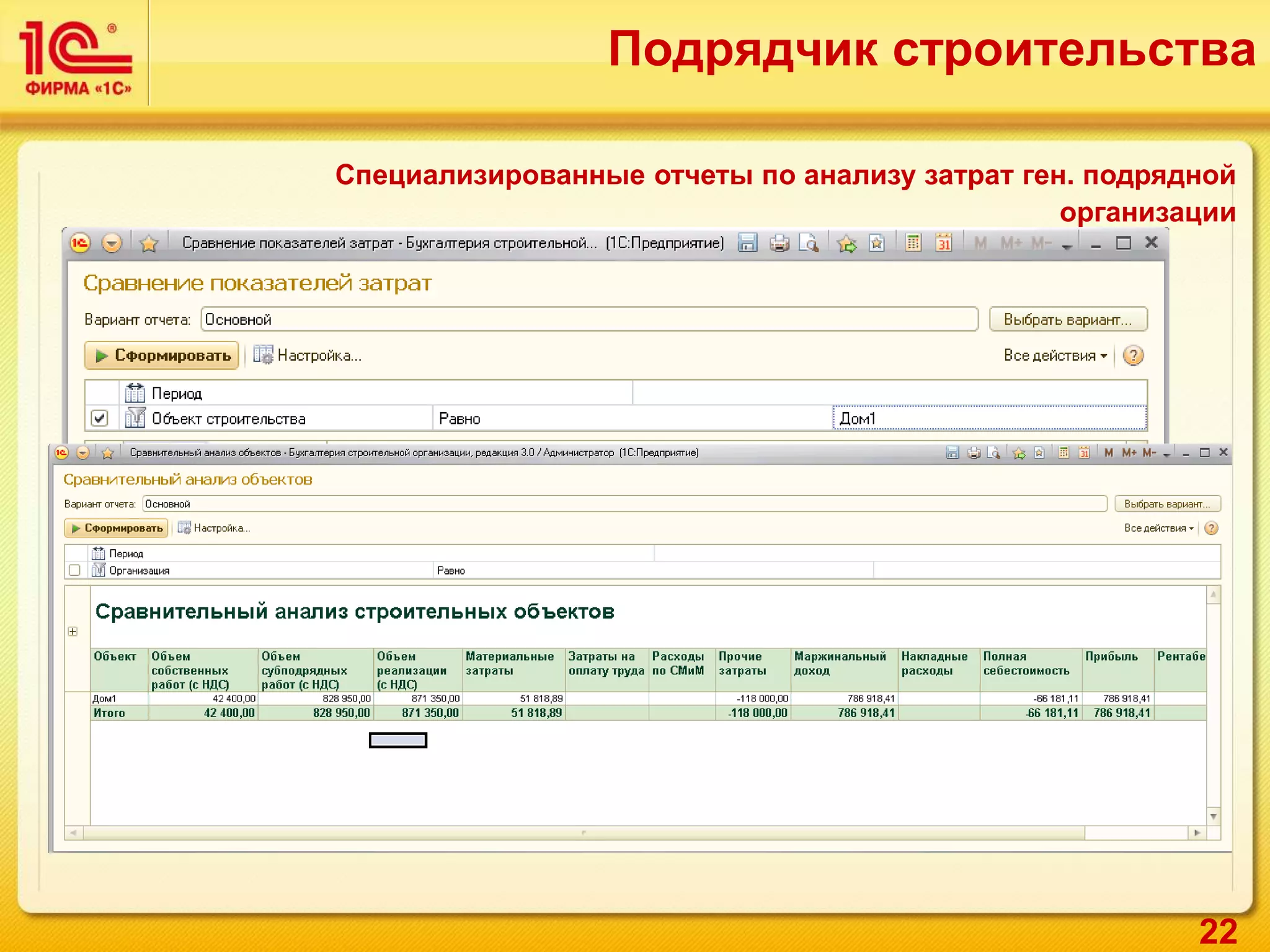 22
Специализированные отчеты по анализу затрат ген. подрядной
организации
Подрядчик строительства
 