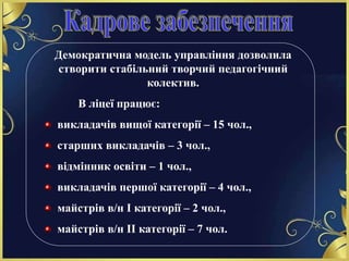 Демократична модель управління дозволила
створити стабільний творчий педагогічний
колектив.
В ліцеї працює:
викладачів вищої категорії – 15 чол.,
старших викладачів – 3 чол.,
відмінник освіти – 1 чол.,
викладачів першої категорії – 4 чол.,
майстрів в/н І категорії – 2 чол.,
майстрів в/н ІІ категорії – 7 чол.
 