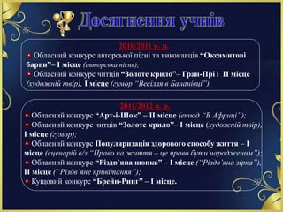 2010/2011 н. р.
Обласний конкурс авторської пісні та виконавців “Оксамитові
барви”– І місце (авторська пісня);
Обласний конкурс читців “Золоте крило”– Гран-Прі і ІІ місце
(художній твір), І місце (гумор “Весілля в Бананівці”).
2011/2012 н. р.
Обласний конкурс “Арт-і-Шок” – ІІ місце (етюд “В Африці”);
Обласний конкурс читців “Золоте крило”– І місце (художній твір),
І місце (гумор);
Обласний конкурс Популяризація здорового способу життя – І
місце (сценарій в/з “Право на життя – це право бути народженим”);
Обласний конкурс “Різдв’яна шопка” – І місце (“Різдв’яна зірка”),
ІІ місце (“Різдв’яне привітання”);
Кущовий конкурс “Брейн-Ринг” – І місце.
 