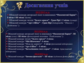 2012/2013 н. р.
Обласний конкурс авторської пісні та виконавців “Оксамитові барви”–
І місце і ІІІ місце (дует);
Обласний конкурс читців “Золоте крило”– Гран-Прі і І місце (гумор);
Обласний конкурс “Арт-і-Шок” – Гран-Прі (інтермедія “Отелло і
Дездемона”);
2013/2014 н. р.
Обласний конкурс авторської пісні та виконавців “Оксамитові барви”– ІІІ
місце (соло) і ІІІ місце (фольклорний колектив “Роздільчанка”);
Обласний конкурс читців “Золоте крило”–І місце;
Обласний конкурс “Мій Шевченко”–І місце;
Обласний конкурс “Мода на здоров’я” – І місце (рекламний відеоролик);
Обласний конкурс “Арт-і-Шок” – І місце;
Обласний конкурс “Батьківщина мого серця” – І місце (краєзнавчий
відеоролик).
2014/2015 н. р.
Обласний конкурс “Зимова фантазія” – ІІІ місце (художня фотографія).
 