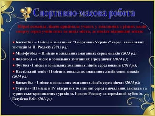 Збірні команди ліцею приймали участь у змаганнях з різних видів
спорту серед учнів птнз та шкіл міста, де посіли відповідні місця:
Баскетбол – І місце в змаганнях “Спортивна Україна” серед навчальних
закладів м. Н. Роздолу (2013 р.);
Міні-футбол – ІІ місце в зональних змаганнях серед юнаків (2013 р.);
Волейбол – І місце в зональних змаганнях серед дівчат (2014 р.);
Футбол - І місце в зональних змаганнях ліцеїв серед юнаків (2014 р.);
Настільний теніс - ІІ місце в зональних змаганнях ліцеїв серед юнаків
(2014 р.);
Баскетбол - І місце в зональних змаганнях ліцеїв серед дівчат (2014 р.);
Туризм – ІІІ місце в ІV відкритих змаганнях серед навчальних закладів та
туристсько-краєзнавчих гуртків м. Нового Роздолу за перехідний кубок ім.
Голубєва В.Ф. (2014 р.).
 