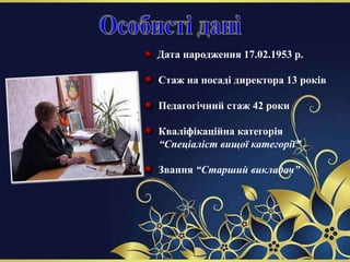 Дата народження 17.02.1953 р.
Стаж на посаді директора 13 років
Педагогічний стаж 42 роки
Кваліфікаційна категорія
“Спеціаліст вищої категорії”
Звання “Старший викладач”
 