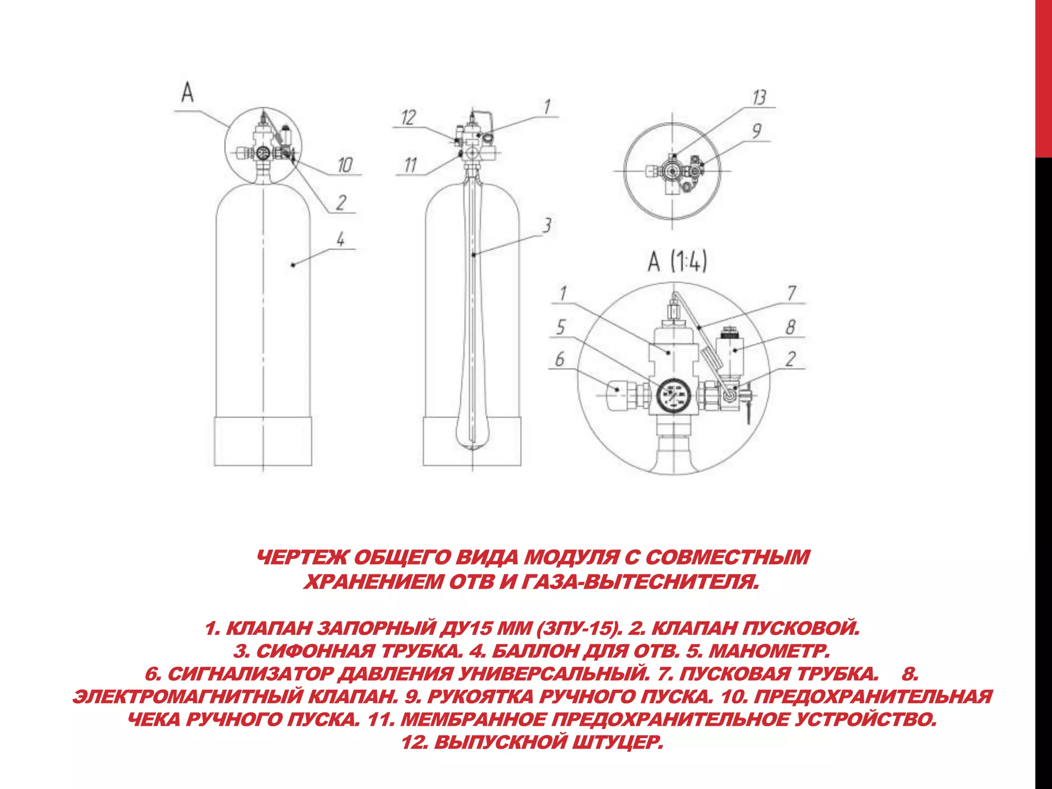 ЧЕРТЕЖ ОБЩЕГО ВИДА МОДУЛЯ С СОВМЕСТНЫМ
ХРАНЕНИЕМ ОТВ И ГАЗА-ВЫТЕСНИТЕЛЯ.
1. КЛАПАН ЗАПОРНЫЙ ДУ15 ММ (ЗПУ-15). 2. КЛАПАН ПУСКОВОЙ.
3. СИФОННАЯ ТРУБКА. 4. БАЛЛОН ДЛЯ ОТВ. 5. МАНОМЕТР.
6. СИГНАЛИЗАТОР ДАВЛЕНИЯ УНИВЕРСАЛЬНЫЙ. 7. ПУСКОВАЯ ТРУБКА. 8.
ЭЛЕКТРОМАГНИТНЫЙ КЛАПАН. 9. РУКОЯТКА РУЧНОГО ПУСКА. 10. ПРЕДОХРАНИТЕЛЬНАЯ
ЧЕКА РУЧНОГО ПУСКА. 11. МЕМБРАННОЕ ПРЕДОХРАНИТЕЛЬНОЕ УСТРОЙСТВО.
12. ВЫПУСКНОЙ ШТУЦЕР.
 