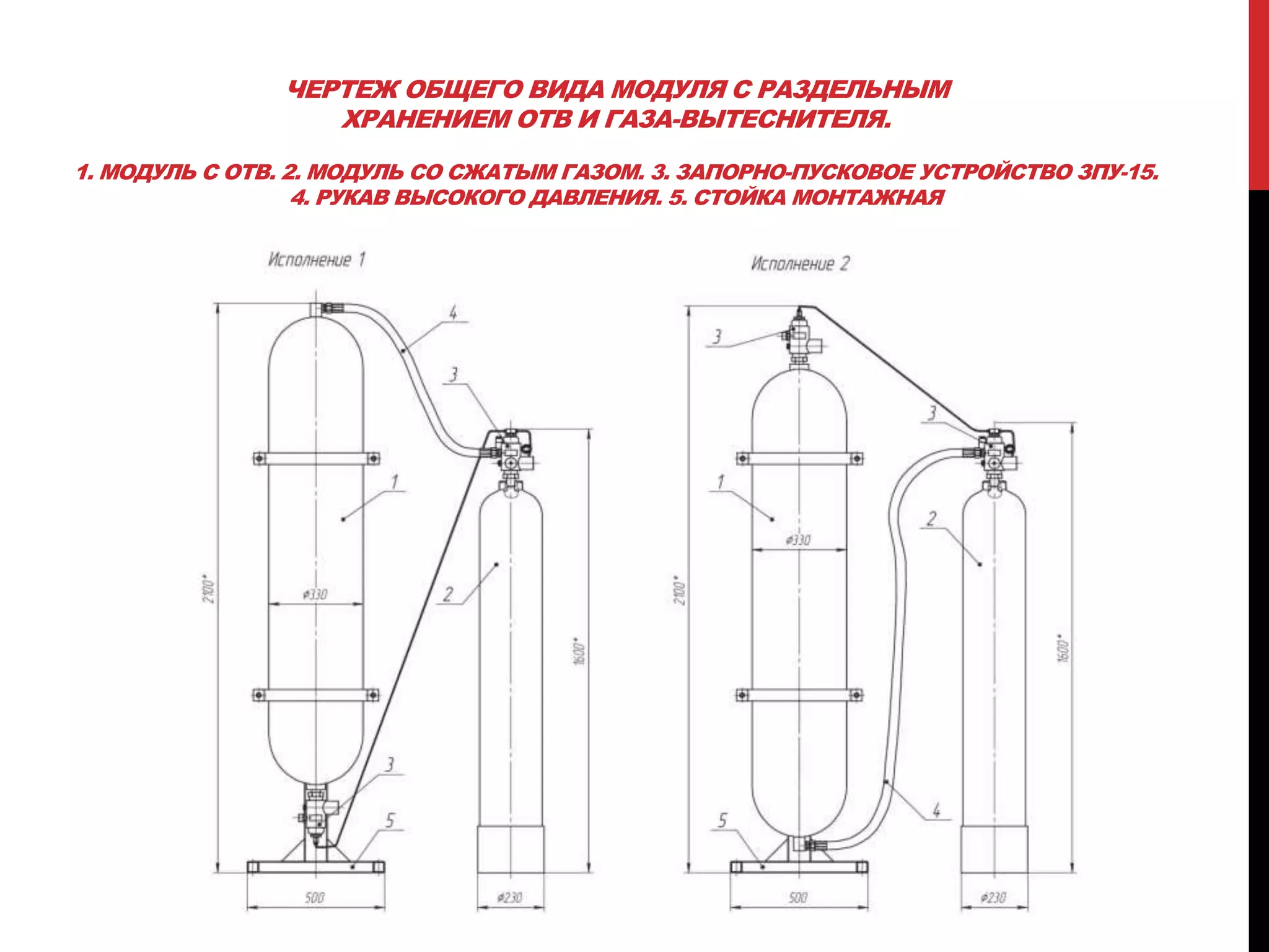 ЧЕРТЕЖ ОБЩЕГО ВИДА МОДУЛЯ С РАЗДЕЛЬНЫМ
ХРАНЕНИЕМ ОТВ И ГАЗА-ВЫТЕСНИТЕЛЯ.
1. МОДУЛЬ С ОТВ. 2. МОДУЛЬ СО СЖАТЫМ ГАЗОМ. 3. ЗАПОРНО-ПУСКОВОЕ УСТРОЙСТВО ЗПУ-15.
4. РУКАВ ВЫСОКОГО ДАВЛЕНИЯ. 5. СТОЙКА МОНТАЖНАЯ
 