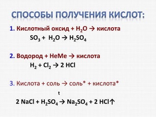 1. Кислотный оксид + Н2О → кислота
SO3 + H2O → H2SO4
2. Водород + НеМе → кислота
Н2 + Cl2 → 2 HCl
3. Кислота + соль → соль* + кислота*
t
2 NaCl + H2SO4 → Na2SO4 + 2 HCl↑
 