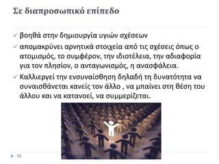 Σε διαπροσωπικό επίπεδο
 βοηθά στην δημιουργία υγιών σχέσεων
 απομακρύνει αρνητικά στοιχεία από τις σχέσεις όπως ο
ατομισμός, το συμφέρον, την ιδιοτέλεια, την αδιαφορία
για τον πλησίον, ο ανταγωνισμός, η ανασφάλεια.
 Καλλιεργεί την ενσυναίσθηση δηλαδή τη δυνατότητα να
συναισθάνεται κανείς τον άλλο , να μπαίνει στη θέση του
άλλου και να κατανοεί, να συμμερίζεται.
15
 