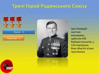 Іван Кожедуб -
льотчик-
винищувач,
здійснив 330
бойових вильотів, у
120 повітряних
боях збив 64 літаки
противника
Усього - 3
Українців - 1
 