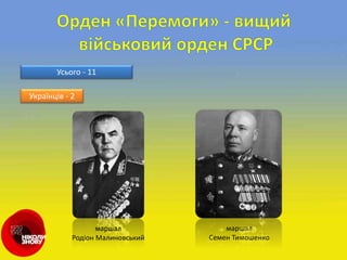 Усього - 11
Українців - 2
маршал
Семен Тимошенко
маршал
Родіон Малиновський
 