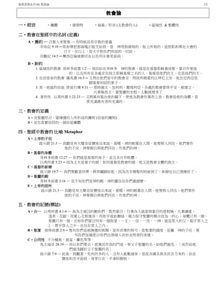 基要真理系列 (6) 教會論 1/2
教會論
一‧前言 ‧團體 ‧建築物 ‧抽象／形容 (去教會的人) ‧區域性 & 整體性
二‧教會在聖經中的名詞 (定義)
A‧舊約 ─ 召集人來聚集 ─ 有時候具有宗教的意義
申命記 9:10 ─ 耶和華把那兩塊石版交給我、是 神用指頭寫的、版上所寫的、是照耶和華在大會的
日子、在山上、從火中對你們所說的一切話。
民數記 14:5 ─ 摩西亞倫就俯伏在以色列全會眾面前。
B‧新約
1. 區域性的教會 哥林多前書 1:2 ─ 寫信給在哥林多 神的教會、就是在基督耶穌裏成聖、蒙召作聖徒
的、以及所有在各處求告我主耶穌基督之名的人．基督是他們的主、也是我們的主．
2. 在信徒家的教會 羅馬書 16:5 ─ 又問在他們家中的教會安。問我所親愛的以拜尼土安．他在亞西亞是
歸基督初結的果子。
3. 某一地區的信徒 使徒行傳 9:31 ─ 那時猶太、加利利、撒瑪利亞、各處的教會都得平安、被建立．
凡事敬畏主、蒙聖靈的安慰、人數就增多了
4. 普世性 以弗所書 1:22-23 ─ 又將萬有服在他的腳下，使他為教會作萬有之首。教會是他的身體，是
那充滿萬有者所充滿的。
三．教會的定義
A‧受聖靈呼召，蒙揀選的人所形成的團契 (信徒的團契)
B‧宣告真實信仰的一個信徒團體
四．聖經中教會的 比喻 Metaphor
A‧上帝的子民
啟示錄 21:3 ─ 我聽見有大聲音從寶座出來說、看哪、神的帳幕在人間．他要與人同住、他們要作
他的子民、神要親自與他們同在、作他們的神．
B‧基督的身體
哥林多前書 12:27 ─ 你們就是基督的身子，並且各自作肢體。
以弗所書 5:23 ─ 因為丈夫是妻子的頭、如同基督是教會的頭．他又是教會全體的救主。
C‧基督的新婦
啟示錄 19:7 ─ 我們要歡喜快樂、將榮耀歸給他．因為羔羊婚娶的時候到了、新婦也自己預備好了。
D‧聖靈的殿
哥林多前書 3:16 ─ 豈不知你們是神的殿、神的靈住在你們裏頭麼。
E‧上帝的居所
啟示錄 21:3 ─ 我聽見有大聲音從寶座出來說、看哪、神的帳幕在人間．他要與人同住、他們要作
他的子民、神要親自與他們同在、作他們的神．
五．教會的記號(標誌)
A‧合一 以弗所書 4:1-6 ─ 我為主被囚的勸你們：既然蒙召，行事為人就當與蒙召的恩相稱。凡事謙虛、
溫柔、忍耐，用愛心互相寬容，用和平彼此聯絡，竭力保守聖靈所賜合而為一的心。身體只有一個，
聖靈只有一個，正如你們蒙召同有一個指望。一主，一信，一洗，一神，就是眾人的父，超乎眾人之
上，貫乎眾人之中，也住在眾人之內。
B‧聖潔 彼得前書 2:9 ─ 惟有你們是被揀選的族類、是有君尊的祭司、是聖潔的國度、是屬 神的子民、要
叫你們宣揚那召你們出黑暗入奇妙光明者的美德。
C‧公同性 不分種族，貧富，膚色等等
馬太福音 28:19 ─ 所以你們要去、使萬民作我的門徒、奉父子聖靈的名、給他們施洗．〔或作給他
們施洗歸於父子聖靈的名〕
啟示錄 7:9 ─ 此後、我觀看、見有許多的人、沒有人能數過來、是從各國各族各民各方來的、站在
寶座和羔羊面前、身穿白衣、手拿棕樹枝．
 