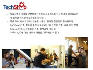 - 학습자에게 기계를 안전하게 사용하고 프로젝트를 다음 단계로 끌어올리는
데 필요한 최소한의 정보만을 전수한다.
- 목공 기초, 레이저 커터, 재봉틀 사용법, 워터젯 절단기로 금속자르기,
CAD/CAM 기초, 컴퓨터 수치 제어(CNC), 3D 프린팅 기초, 비닐 재단, 분체
도장, 모래 분사, 탄소섬유 기초, 전자공학 기초 등
- 누구나 12주면 개인 메이커 혁명을 이루어낼 수 있다.
 