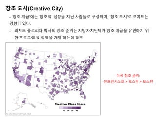 - ‘창조 계급'에는 ‘창조적' 성향을 지닌 사람들로 구성되며, ‘창조 도시'로 모여드는
경향이 있다.
- 리처드 플로리다 박사의 창조 순위는 지방자치단체가 창조 계급을 유인하기 위
한 프로그램 및 정책을 개발 하는데 참조
창조 도시(Creative City)
미국 창조 순위:
샌프란시스코 > 오스틴 > 보스턴
 