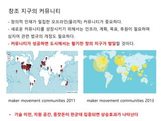maker movement communities 2013maker movement communities 2011
창조 지구의 커뮤니티
- 창의적 인재가 밀집한 오프라인(물리적) 커뮤니티가 중요하다.
- 새로운 커뮤니티를 성장시키기 위해서는 인프라, 계획, 목표, 후원이 필요하며
심지어 관련 법규의 개정도 필요하다.
- 커뮤니티가 성공하면 도시에서는 활기찬 창의 지구가 발달할 것이다.
• 기술 이전, 지원 공간, 종잣돈이 한군데 집중되면 상승효과가 나타난다
 
