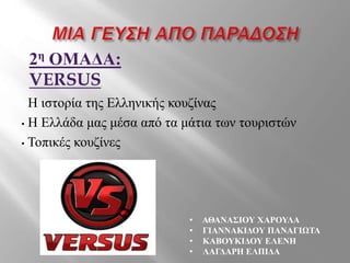 • Η ιστορία της Ελληνικής κουζίνας
• Η Ελλάδα μας μέσα από τα μάτια των τουριστών
• Τοπικές κουζίνες
• ΑΘΑΝΑΣΙΟΥ ΧΑΡΟΥΛΑ
• ΓΙΑΝΝΑΚΙΔΟΥ ΠΑΝΑΓΙΩΤΑ
• ΚΑΒΟΥΚΙΔΟΥ ΕΛΕΝΗ
• ΛΑΓΔΑΡΗ ΕΛΠΙΔΑ
2η ΟΜΑΔΑ:
VERSUS
 