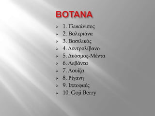  1. Γλυκάνισος
 2. Βαλεριάνα
 3. Βασιλικός
 4. Δεντρολίβανο
 5. Δυόσμος-Μέντα
 6. Λεβάντα
 7. Λουίζα
 8. Ρίγανη
 9. Ιπποφαές
 10. Goji Berry
 