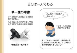 自分は一人である
単一性の障害 あんなこと言わなきゃ
良かった…
「もう一人の自分」
の目で反省する
言ってしまった自分と、振り返りを
する自分はわずかに異なっているが
違和感を覚えることはない〈解離性同一性障害 〉
それぞれの人格が行った言動は
覚えていない
ふたつ以上の人格が反復して自
分を支配する慢性の解離性障害
 