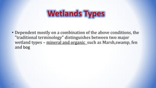 • Dependent mostly on a combination of the above conditions, the
"traditional terminology" distinguishes between two major
wetland types – mineral and organic such as Marsh,swamp, fen
and bog
42
Wetlands Types
 