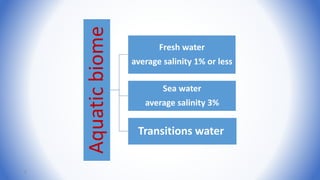 Aquaticbiome
Fresh water
average salinity 1% or less
Sea water
average salinity 3%
Transitions water
6
 