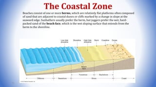 The Coastal Zone
Beaches consist of one or more berms, which are relatively flat platforms often composed
of sand that are adjacent to coastal dunes or cliffs marked by a change in slope at the
seaward edge. Sunbathers usually prefer the berm, but joggers prefer the wet, hard-
packed sand of the beach face, which is the wet sloping surface that extends from the
berm to the shoreline.
75
 