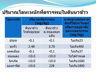 ปริมำณโลหะหนักที่ตรวจพบในดินนำข้ำว
โลหะหนัก ปริมำณที่ตรวจพบ
(mg/kg)
มำตรฐำนคุณภำพ
ดินที่ใช้ประโยชน์
เพื่อกำรอยู่อำศัย
และเกษตรกรรม
(mg/kg)
ดินนาข ้าว
ใกล ้หลุมขยะ
ดินนาข ้าว
ต.หนองตอก
แป้น
ปรอท ‹0.1 ‹0.1 ไม่เกิน23
ตะกั่ว 2.48 3.70 ไม่เกิน400
แคดเมี่ยม ‹0.1 ‹0.1 ไม่เกิน37
ทองแดง ‹10.0 ‹10.0 ไม่ได ้กาหนด
นิกเกิล ‹10.0 ‹10.0 ไม่เกิน1600
แมงกานีส ‹10.0 228 ไม่เกิน1800
 
