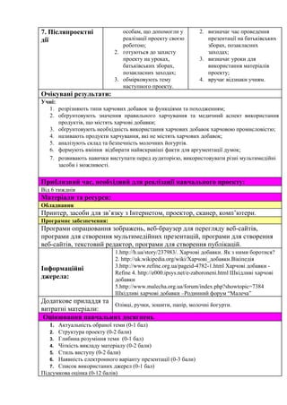 7.Післяпроектні
дії
особам,щодопомоглиу
реалізаціїпроектусвоєю
роботою;
2. готуютьсядозахисту
проектунауроках,
батьківськихзборах,
позакласнихзаходах;
3. обмірковуютьтему
наступногопроекту.
2. визначаєчаспроведення
презентаціїнабатьківських
зборах,позакласних
заходах;
3. визначаєурокидля
використанняматеріалів
проекту;
4. вручаєвідзнакиучням.
Очікуванірезультати:
Учні:
1. розрізняютьтипихарчовихдобавокзафункціямитапоходженням;
2. обґрунтовують значення правильного харчування та медичний аспект використання       
продуктів,щомістятьхарчовідобавки;
3. обґрунтовуютьнеобхідністьвикористанняхарчовихдобавокхарчовоюпромисловістю;
4. називаютьпродуктихарчування,якінемістятьхарчовихдобавок;
5. аналізуютьскладтабезпечністьмолочнихйогуртів.
6. формуютьвміннявідбиратинайяскравішіфактидляаргументаціїдумок;
7. розвиваютьнавичкивиступатипередаудиторією,використовуватирізнімультимедійні
засобиіможливості.

Приблизнийчас,необхіднийдляреалізаціїнавчальногопроекту:
Від6тижднів
Матеріалитаресурси:
Обладнання
Принтер,засобидлязв’язкузІнтернетом,проектор,сканер,комп’ютери.
Програмнезабезпечення:
Програмиопрацюваннязображень,веб­браузердляпереглядувеб­сайтів,
програмидляствореннямультимедійнихпрезентацій,програмидлястворення
веб­сайтів,текстовийредактор,програмидлястворенняпублікацій.
Інформаційні
джерела:
1.http://h.ua/story/237983/.Харчовідобавки.Якзнимиборотися?
2.http://uk.wikipedia.org/wiki/Харчові_добавки.Вікіпедія
3.http://www.refine.org.ua/pageid­4782­1.htmlХарчовідобавки­
Refine4.http://e000.ipsys.net/e­zaboroneni.htmlШкідливіхарчові
добавки
5.http://www.malecha.org.ua/forum/index.php?showtopic=7384
Шкідливіхарчовідобавки–Родиннийфорум“Малеча”
Додатковеприладдята
витратніматеріали:
Олівці,ручки,зошити,папір,молочнійогурти.
​Оцінюваннянавчальнихдосягнень
1. Актуальністьобраноїтеми(0­1бал)
2. Структурапроекту(0­2бали)
3. Глибинарозуміннятеми(0­1бал)
4. Чіткістьвикладуматеріалу(0­2бали)
5. Стильвиступу(0­2бали)
6. Наявністьелектронноговаріантупрезентації(0­3бали)
7. Списоквикористанихджерел(0­1бал)
Підсумковаоцінка(0­12балів)
 