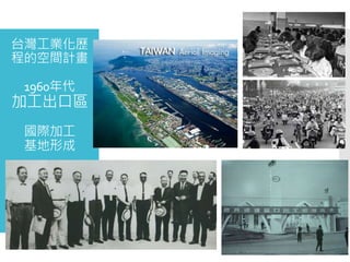 台灣工業化歷
程的空間計畫
1960年代
加工出口區
國際加工
基地形成
 