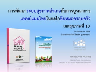 การพัฒนาระบบสุขภาพอาเภอกับการบูรณาการ
แพทย์แผนไทยในกลไกทีมหมอครอบครัว
Family Care Team
เขตสุขภาพที่ 10
นพ.สุรเดชช ชวะเดช
MD, MA(Public Administration)
Diploma of Thai board of Preventive Medicine
เขตสุขภาพที่ 10
21-24 เมษายน 2558
โรงแรมกิจตรงวิลล์ รีสอร์ท อุบลราชธานี
 