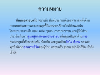 ความหมาย
ทีมหมอครอบครัว หมายถึง ทีมที่ประกอบด้วยสหวิชาชีพทั้งด้าน
การแพทย์และการสาธารณสุขทั้งในหน่วยบริการใกล้บ้านและใน
โรงพยาบาลรวมถึง อสม. อปท. ชุมชน ภาคประชาชน และผู้ที่มีส่วน
เกี่ยวข้องในการดูแลสุขภาพของประชาชน เพื่อดูแลปัญหาด้านกาย
ครอบคลุมทั้งรักษาส่งเสริม ป้องกัน และดูแลด้านจิตใจ สังคม บรรเทา
ทุกข์ พัฒนาคุณภาพชีวิตของผู้ป่วย ครอบครัว ชุมชน อย่างใกล้ชิด เข้าถึง
เข้าใจ
 