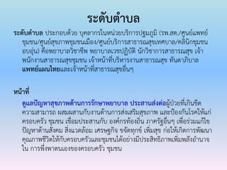 ระดับตาบล
ระดับตาบล ประกอบด้วย บุคลากรในหน่วยบริการปฐมภูมิ (รพ.สต./ศูนย์แพทย์
ชุมชน/ศูนย์สุขภาพชุมชนเมือง/ศูนย์บริการสาธารณสุขเทศบาล/คลินิกชุมชน
อบอุ่น) คือพยาบาลวิชาชีพ พยาบาลเวชปฏิบัติ นักวิชาการสาธารณสุข เจ้า
พนักงานสาธารณสุขชุมชน เจ้าหน้าที่บริหารงานสาธารณสุข ทันตาภิบาล
แพทย์แผนไทยและเจ้าหน้าที่สาธารณสุขอื่นๆ
หน้าที่
ดูแลปัญหาสุขภาพด้านการรักษาพยาบาล ประสานส่งต่อผู้ป่วยที่เกินขีด
ความสามารถ ผสมผสานกับงานด้านการส่งเสริมสุขภาพ และป้องกันโรคให้แก่
ครอบครัว ชุมชน เชื่อมประสานกับ องค์กรท้องถิ่น ภาครัฐอื่นๆ เพื่อร่วมแก้ไข
ปัญหาด้านสังคม สิ่งแวดล้อม เศรษฐกิจ ขจัดทุกข์ เพิ่มสุข ก่อให้เกิดการพัฒนา
คุณภาพชีวิตให้กับครอบครัวและชุมชนได้อย่างมีประสิทธิภาพเพิ่มพลังอานาจ
ใน การพึ่งพาตนเองของครอบครัว ชุมชน
 