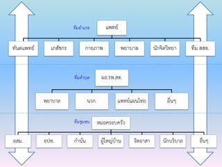 แพทย์
ทันตแพทย์ เภสัชกร กายภาพ พยาบาล นักจิตวิทยา ทีม สสอ.
ผอ.รพ.สต.
พยาบาล นวก. แพทย์แผนไทย อื่นๆ
หมอครอบครัว
อสม. อปท. กานัน ผู้ใหญ่บ้าน จิตอาสา นักบริบาล อื่นๆ
ทีมอำเภอ
ทีมตำบล
ทีมชุมชน
 