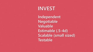 INVEST
Independent
Negotiable
Valuable
Estimable (.5-4d)
Scalable (small sized)
Testable
 