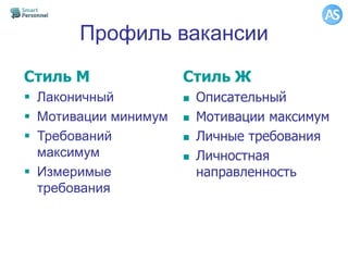 Профиль вакансии
Стиль М
 Лаконичный
 Мотивации минимум
 Требований
максимум
 Измеримые
требования
Стиль Ж
 Описательный
 Мотивации максимум
 Личные требования
 Личностная
направленность
 