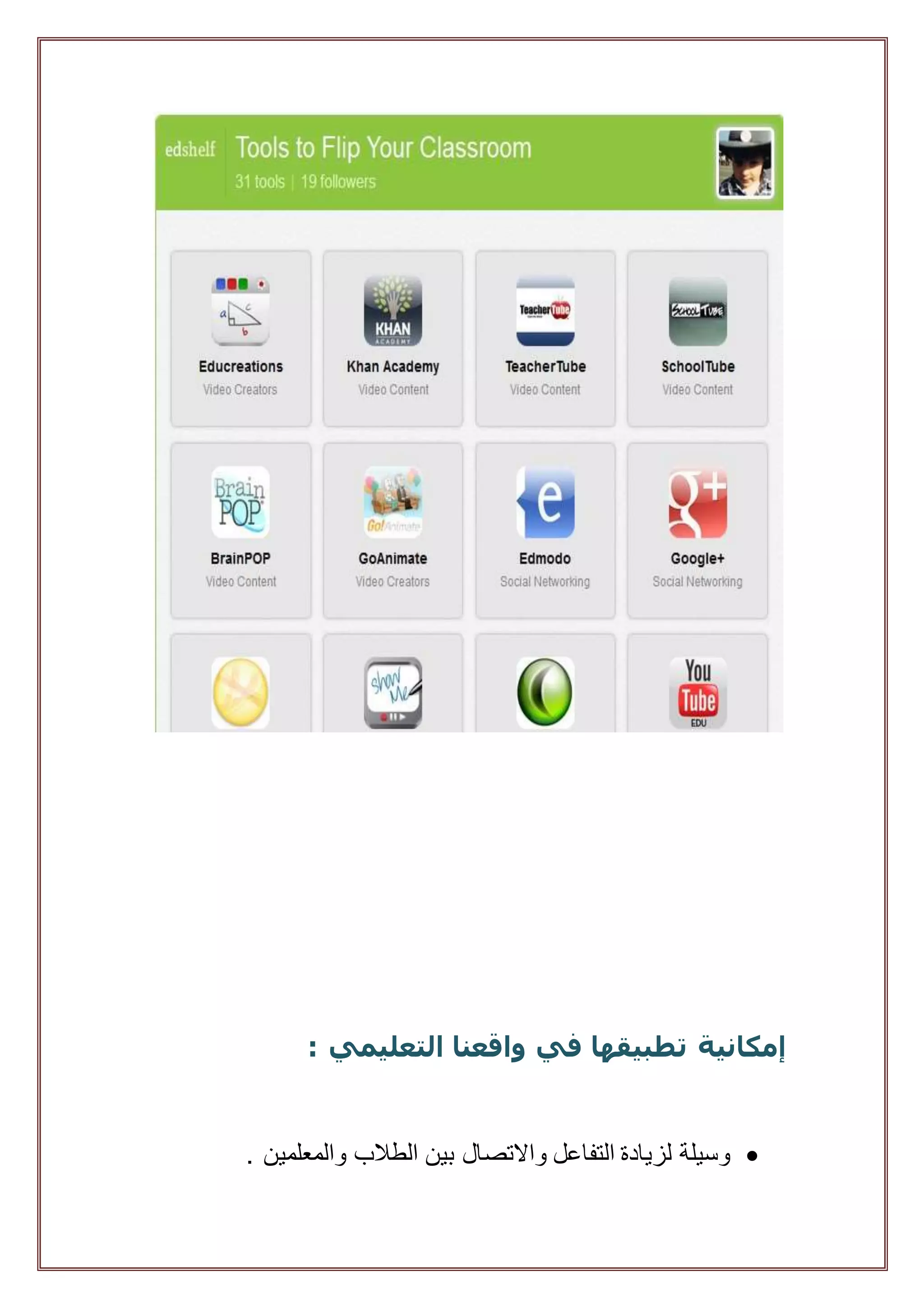 : ‫التعليمي‬ ‫واقعنا‬ ‫في‬ ‫تطبيقها‬ ‫إمكانية‬
. ‫والمعلمين‬ ‫الطالب‬ ‫بين‬ ‫واالتصال‬ ‫التفاعل‬ ‫لزيادة‬ ‫وسيلة‬
 