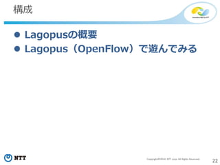 22Copyright©2014 NTT corp. All Rights Reserved.
構成
 Lagopusの概要
 Lagopus（OpenFlow）で遊んでみる
 